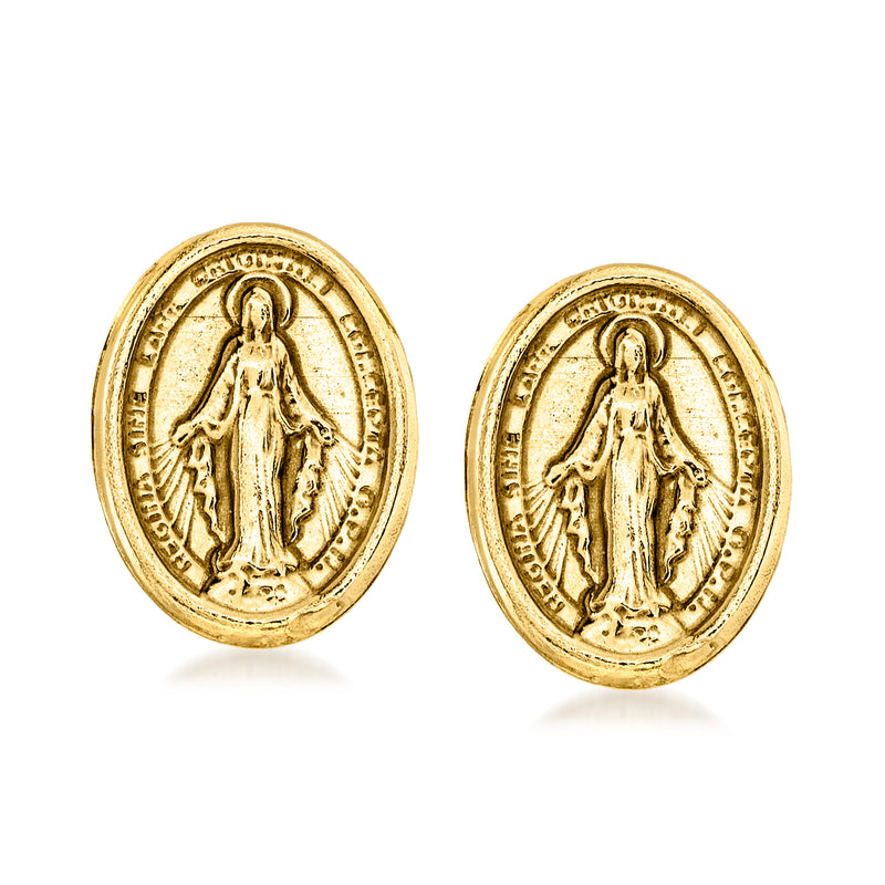 18kt yellow gold miraculous medal post earrings, oval Virgin Mary medallion pair
