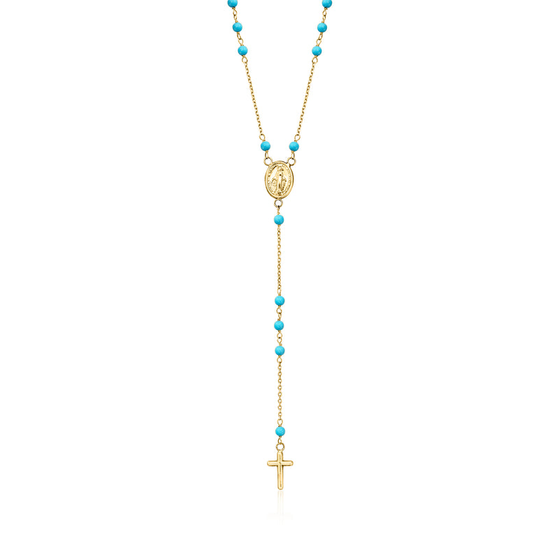 18kt yellow gold rosary necklace with turquoise beads, medallion, and cross