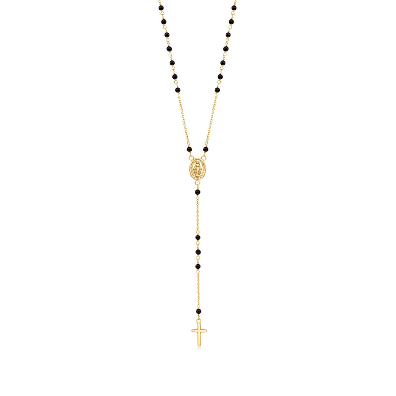 18kt yellow gold rosary necklace with black beads and gold cross pendant