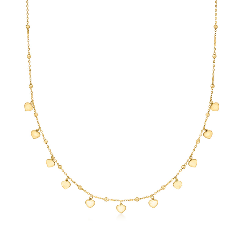 18kt yellow gold heart and bead station necklace with small heart charms