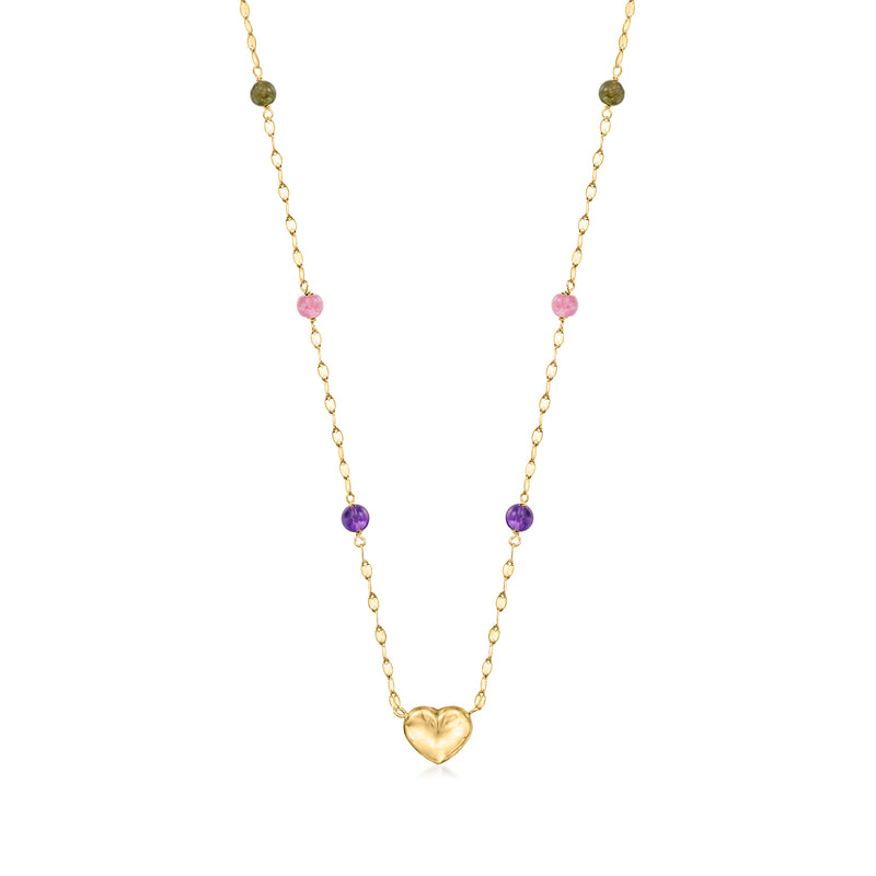 18kt yellow gold station necklace with puffed heart pendant and pink/purple gem beads