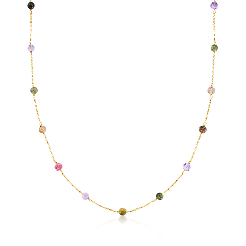 18kt yellow gold station necklace with multicolored gemstone beads, including purple amethyst