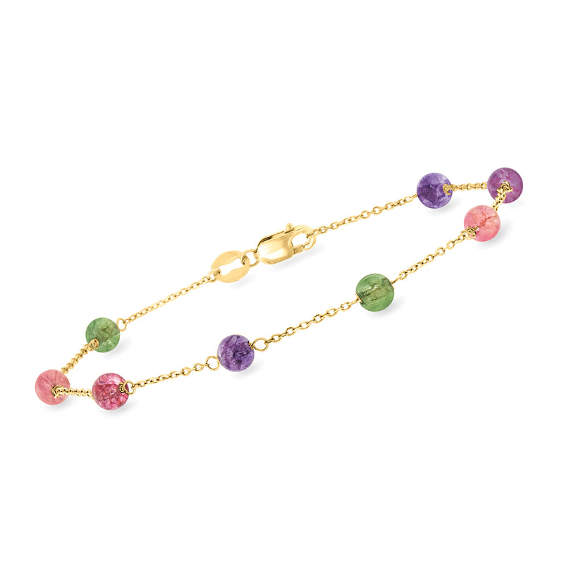 18kt yellow gold bead station bracelet with multicolored tourmaline and amethyst beads