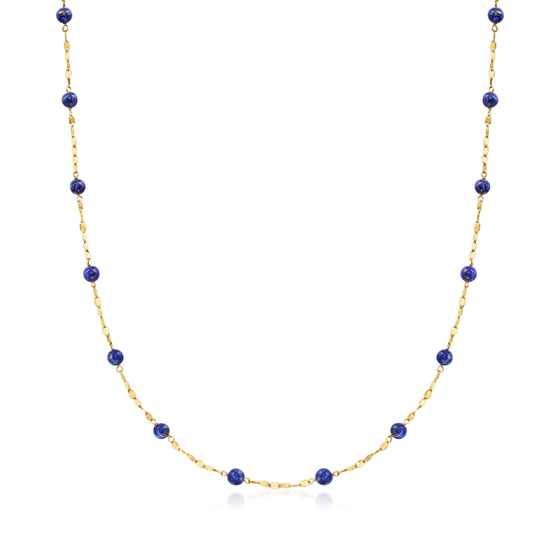 Italian 18kt yellow gold lapis bead station necklace with round blue stations