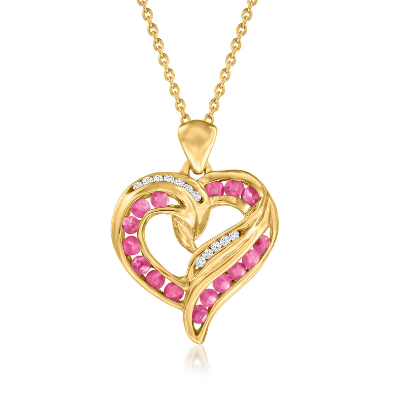 Gold heart pendant necklace with pink ruby stones and white zircon accents