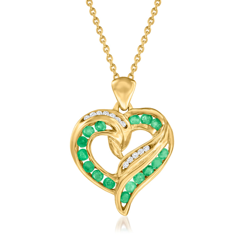 Gold heart pendant necklace with green and white gemstones, gold-tone chain