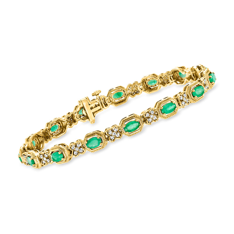 18kt gold over sterling clover bracelet with emerald-green oval stones and diamond accents