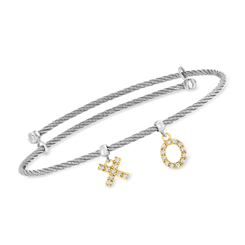 Gray stainless steel bangle bracelet with diamond cross and round charm in yellow gold