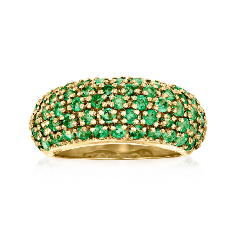 Wide emerald gemstone ring in 14kt yellow gold with glittering green stones