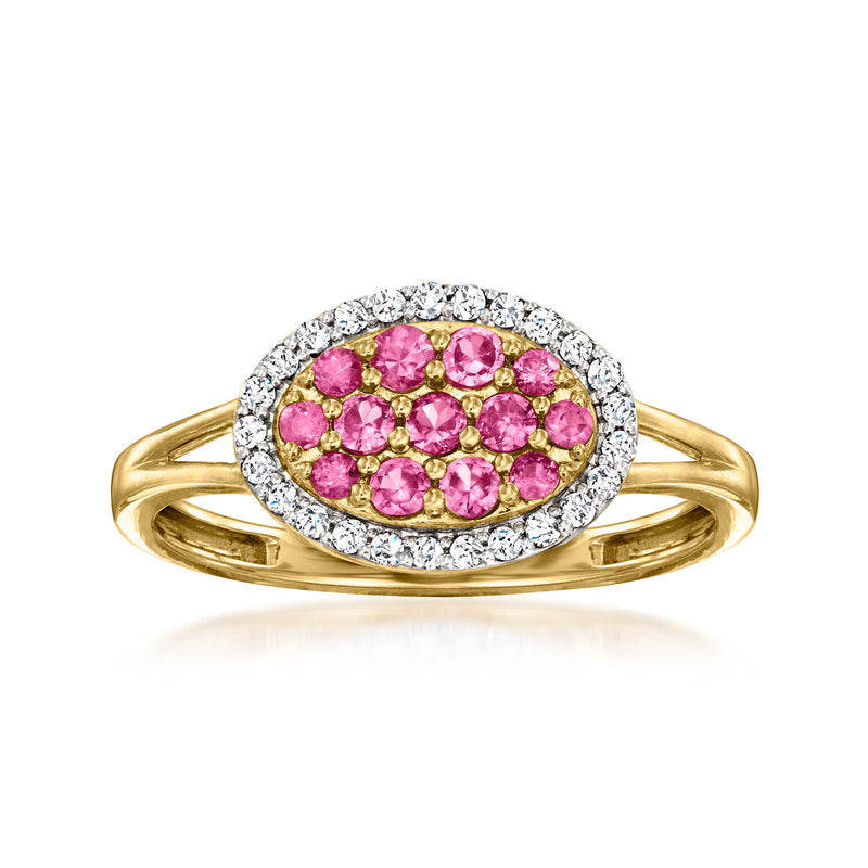 18kt gold over sterling ring with oval pink gemstone halo and diamond-style border