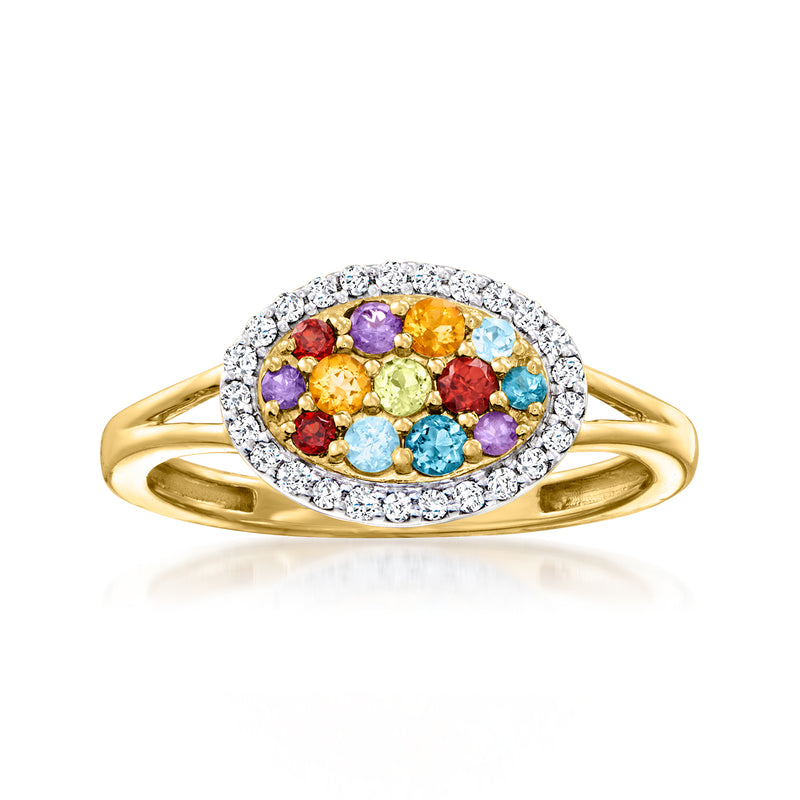 18kt gold over sterling oval multi-gemstone ring with diamond halo on gold band