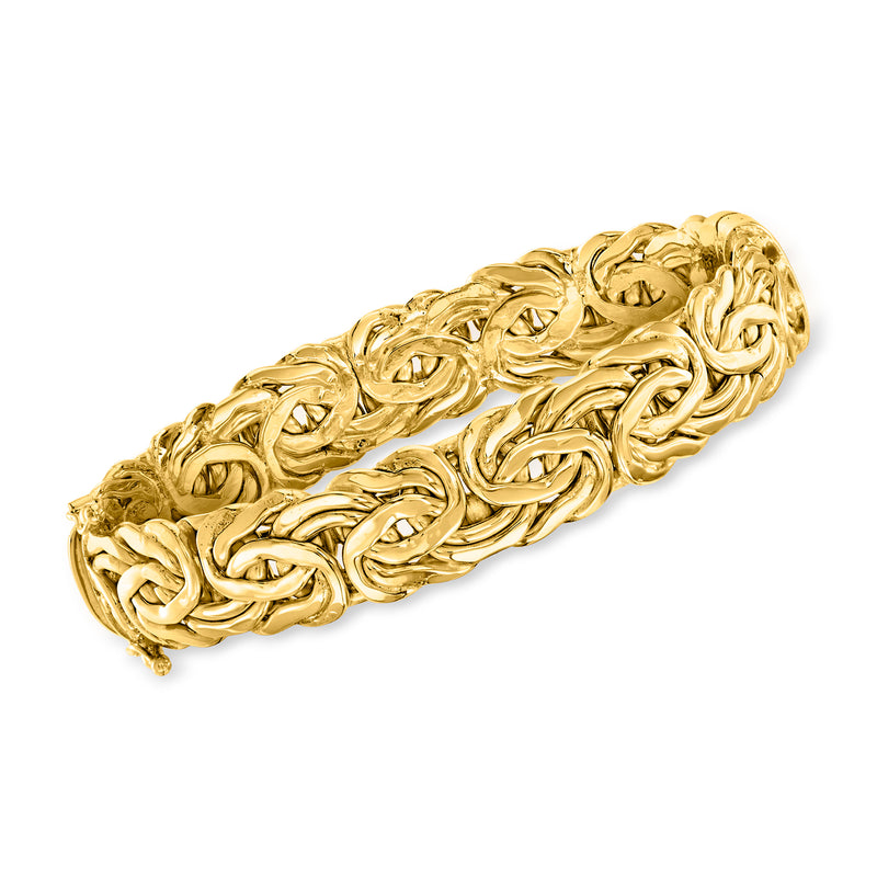 Gold over sterling Byzantine bangle bracelet with raised braided link pattern