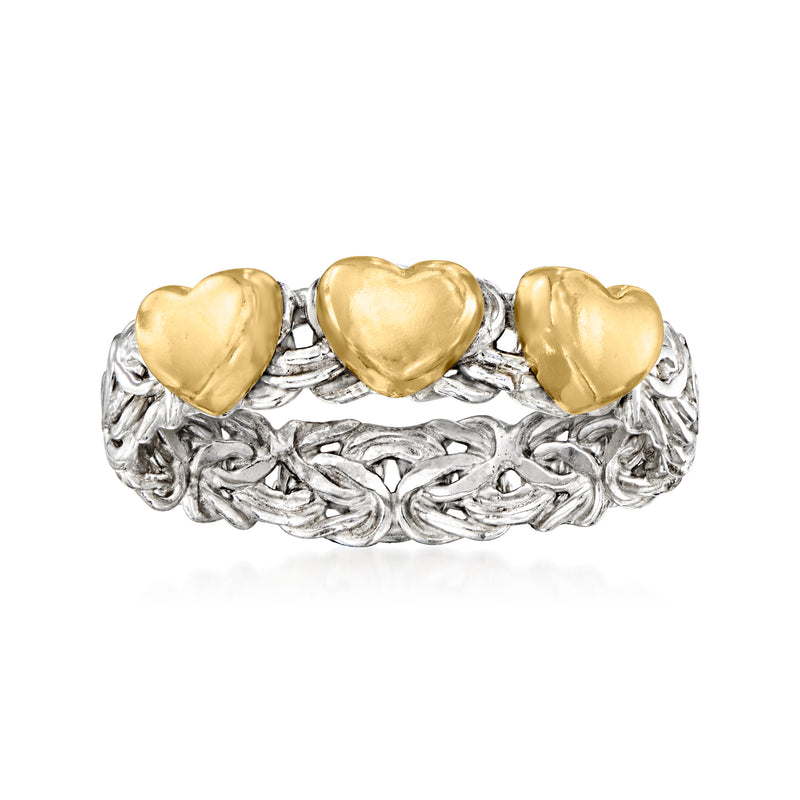 Byzantine heart ring with three 14kt yellow gold heart panels on sterling silver band