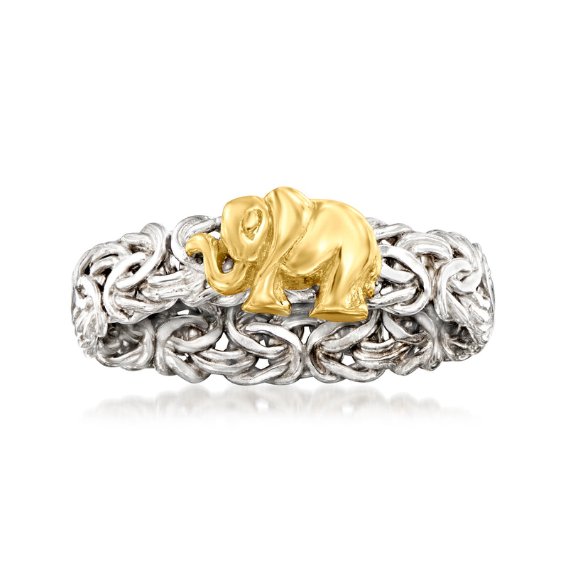 Elephant Byzantine ring with silver chain and 14kt yellow gold elephant centerpiece