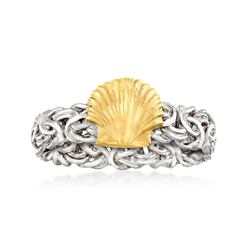 Two-tone Byzantine ring with gold seashell top and sterling silver links