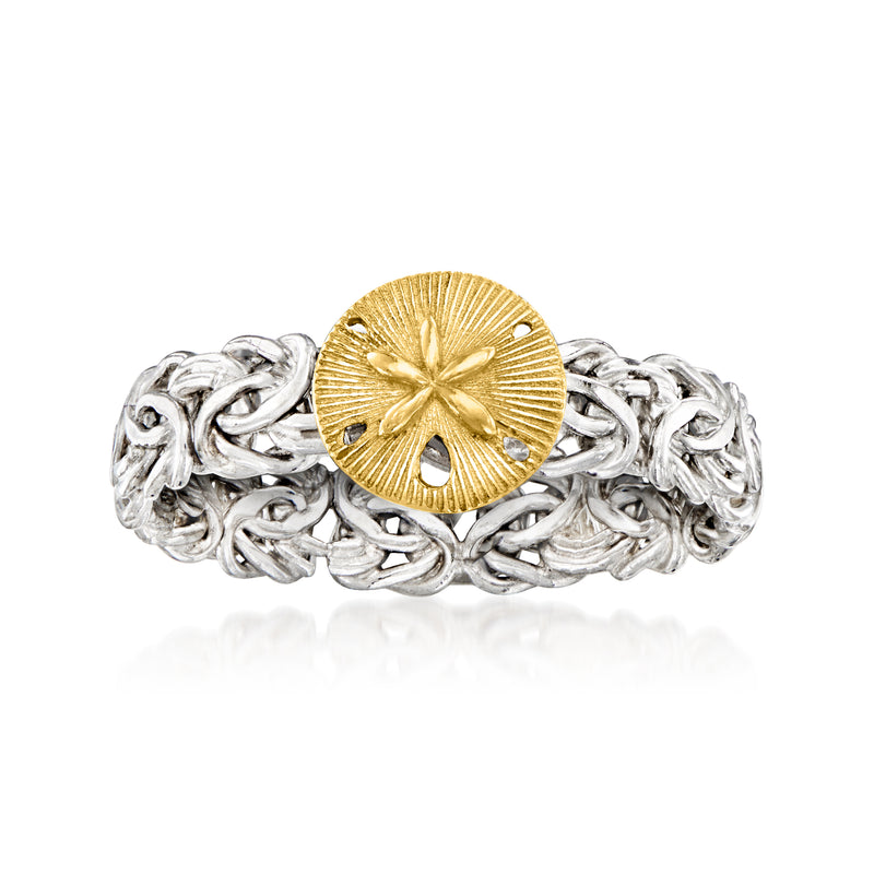Sand dollar Byzantine ring in sterling silver with 14kt yellow gold center medallion