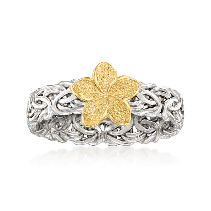 Sterling silver Byzantine flower ring with 14kt yellow gold floral centerpiece