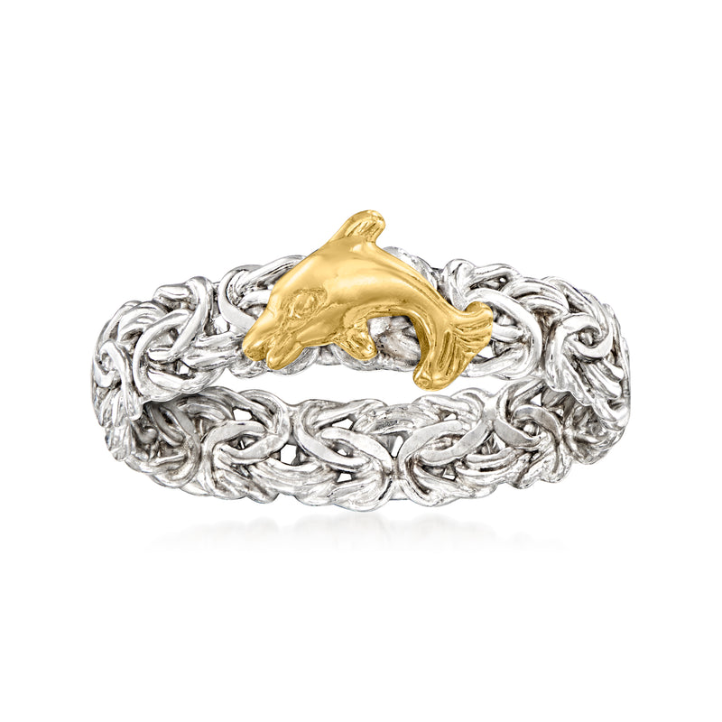 Dolphin Byzantine ring with silver link band and 14kt yellow gold dolphin head