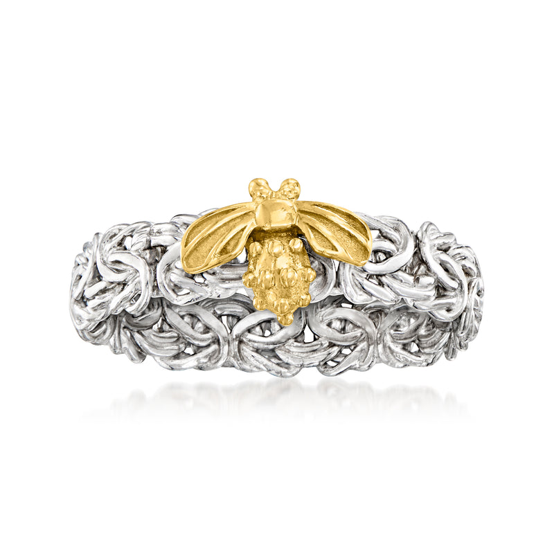 Bumblebee Byzantine ring with braided sterling silver band and yellow-gold bee centerpiece