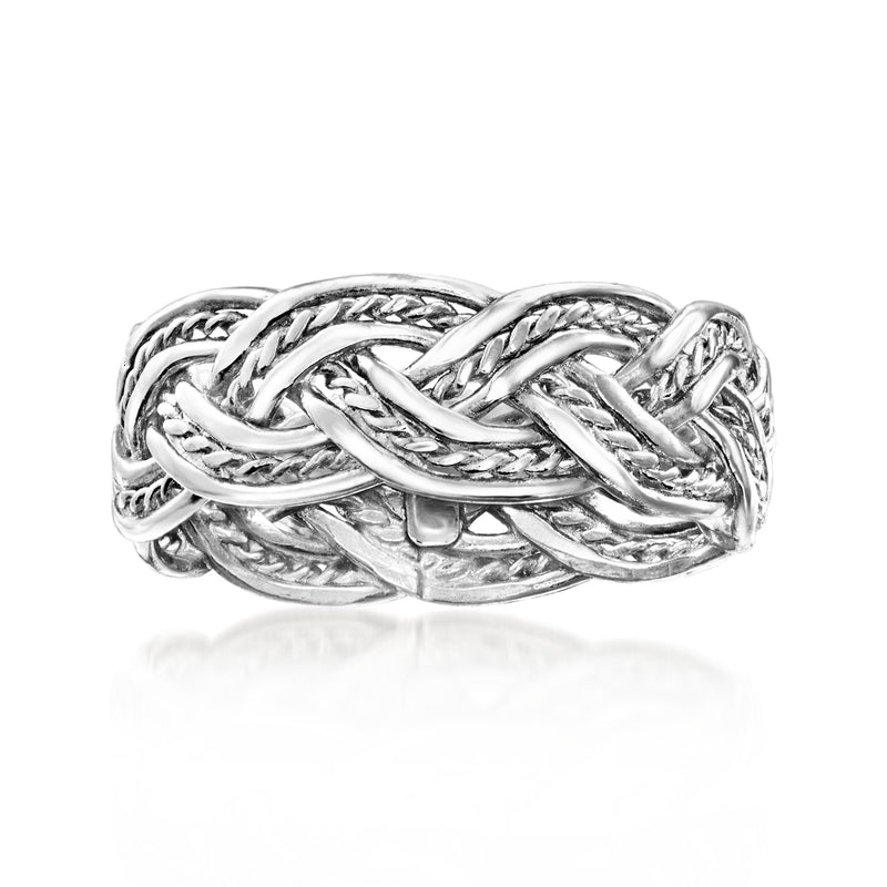 Sterling silver braided knot ring with interwoven rope texture and rounded band