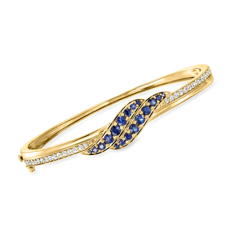 14kt yellow gold bangle bracelet with blue sapphires and diamond accents