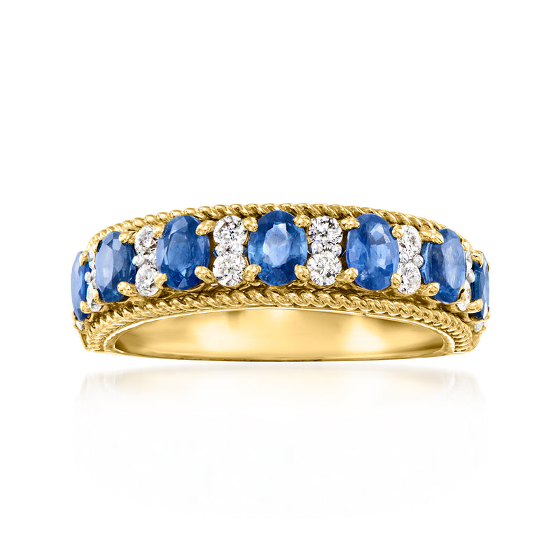 14kt yellow gold ring with blue oval sapphire stones and diamond halo accents
