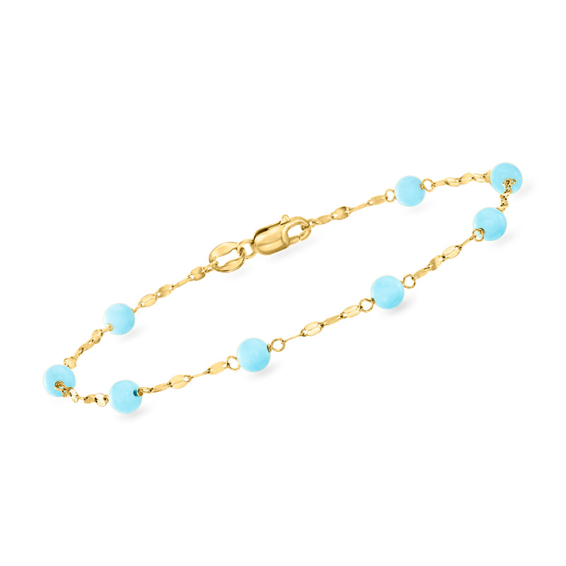 18kt yellow gold bead station bracelet with round turquoise-blue beads