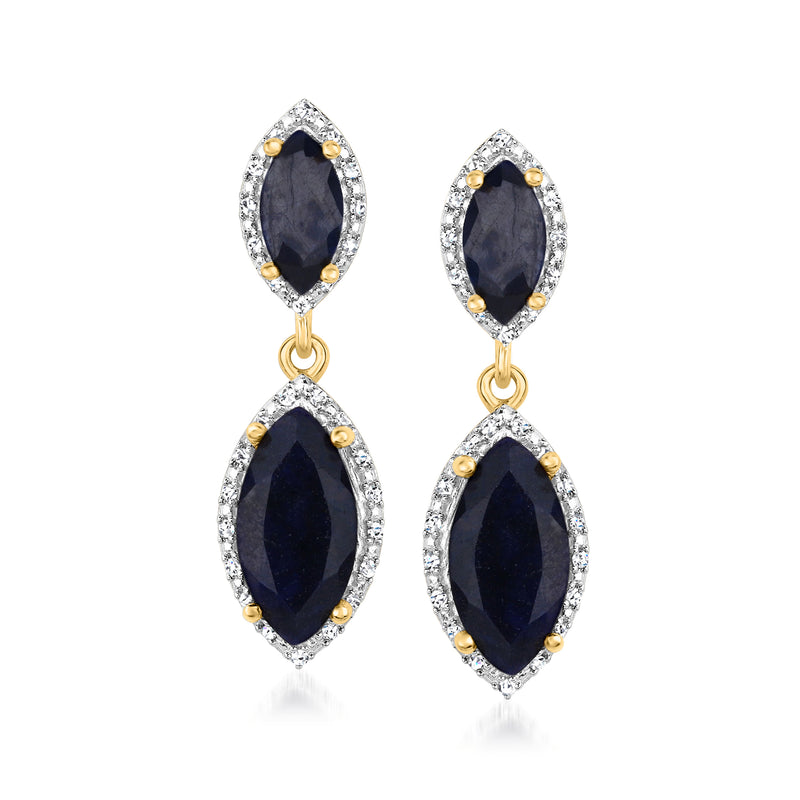 18kt gold over sterling drop earrings with oval dark sapphire stones and diamond halos