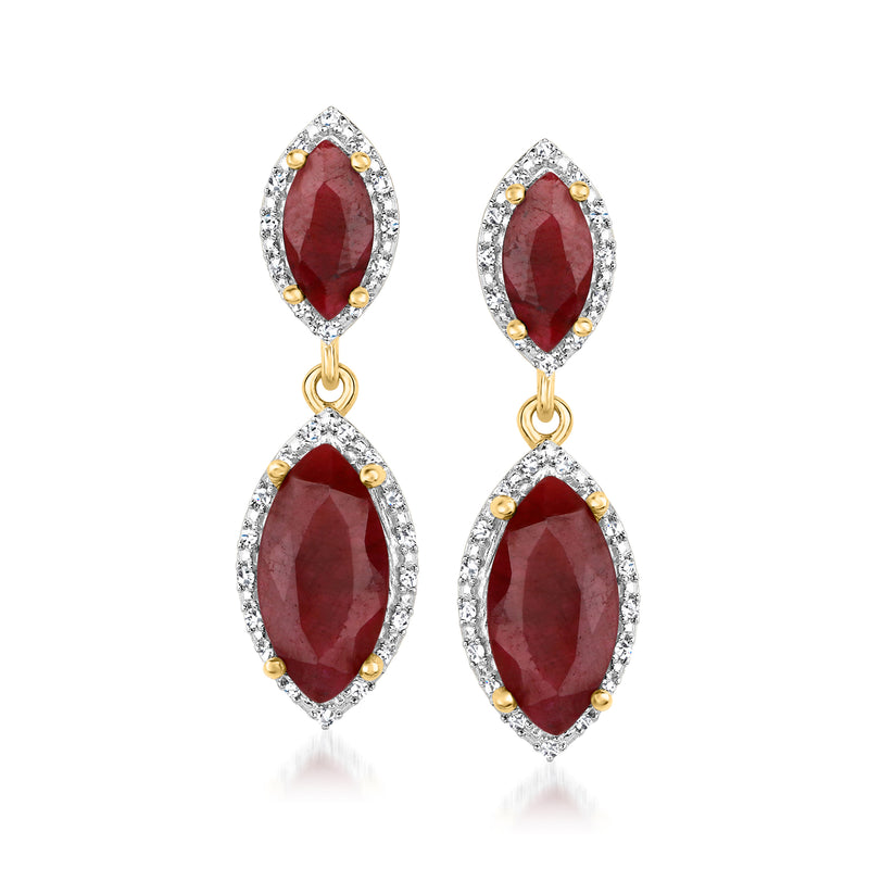 Ruby and diamond drop earrings with oval red stones and gold-toned halos