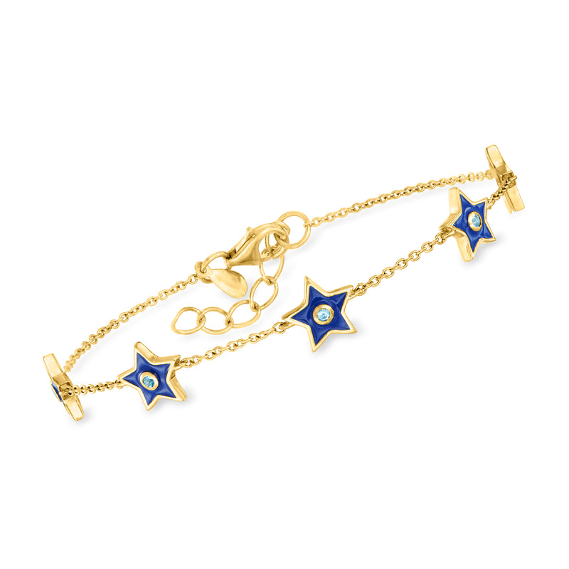 Gold-tone star bracelet with blue enamel star charms and secure clasp