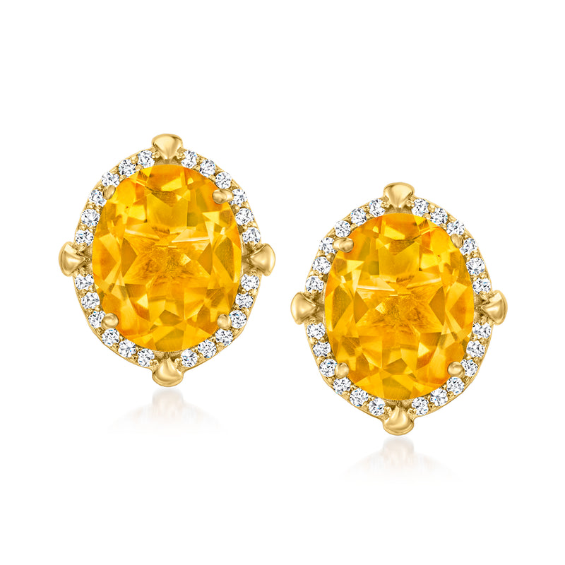Oval citrine and white topaz halo stud earrings, 18kt gold over sterling