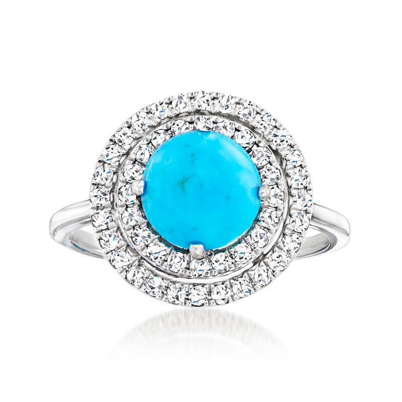 14kt white gold cocktail ring with round blue howlite center and diamond halo