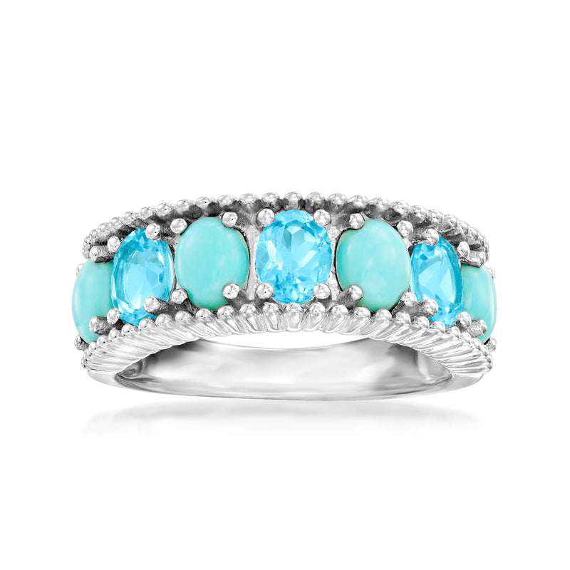 Sterling silver band ring with blue topaz and turquoise stones, milgrain border