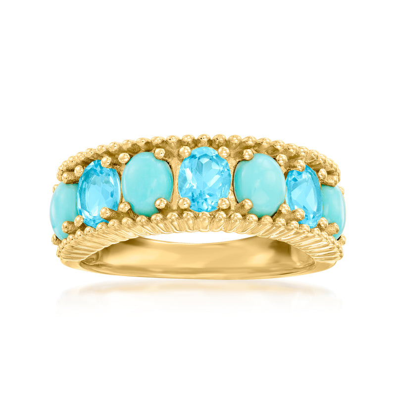 Gold over sterling band ring with round blue and turquoise gemstones in 18kt finish