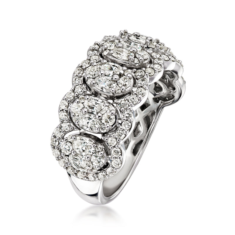 14kt white gold oval diamond cluster ring, angled side view