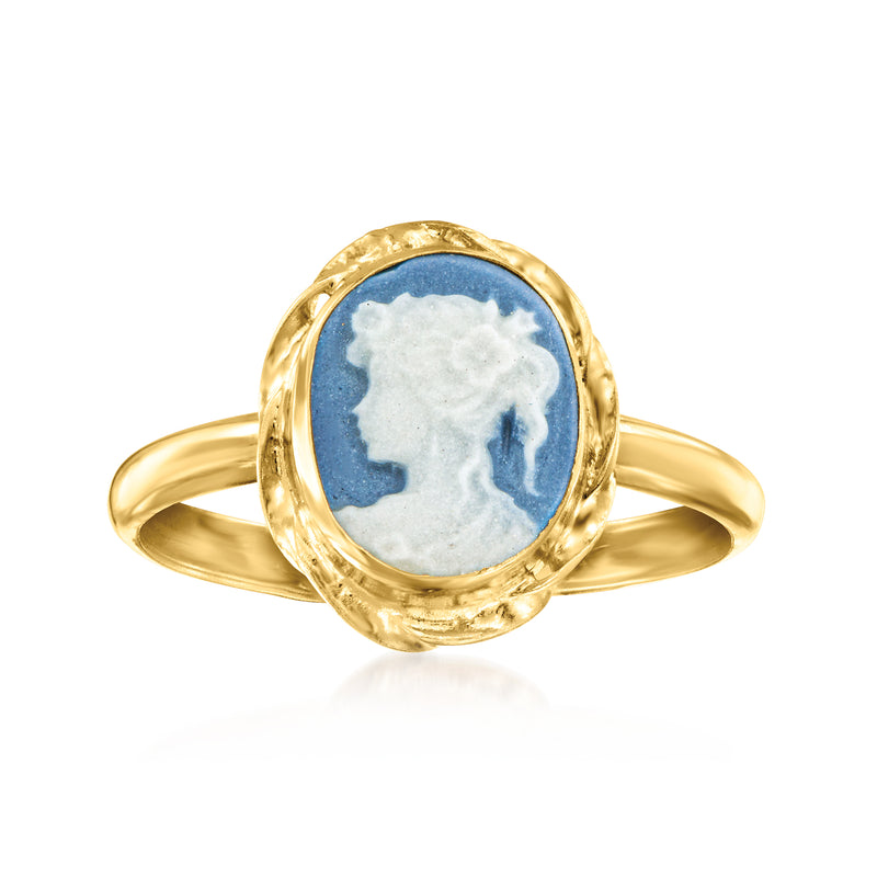 Blue oval porcelain cameo ring with gold setting and sculpted bezel
