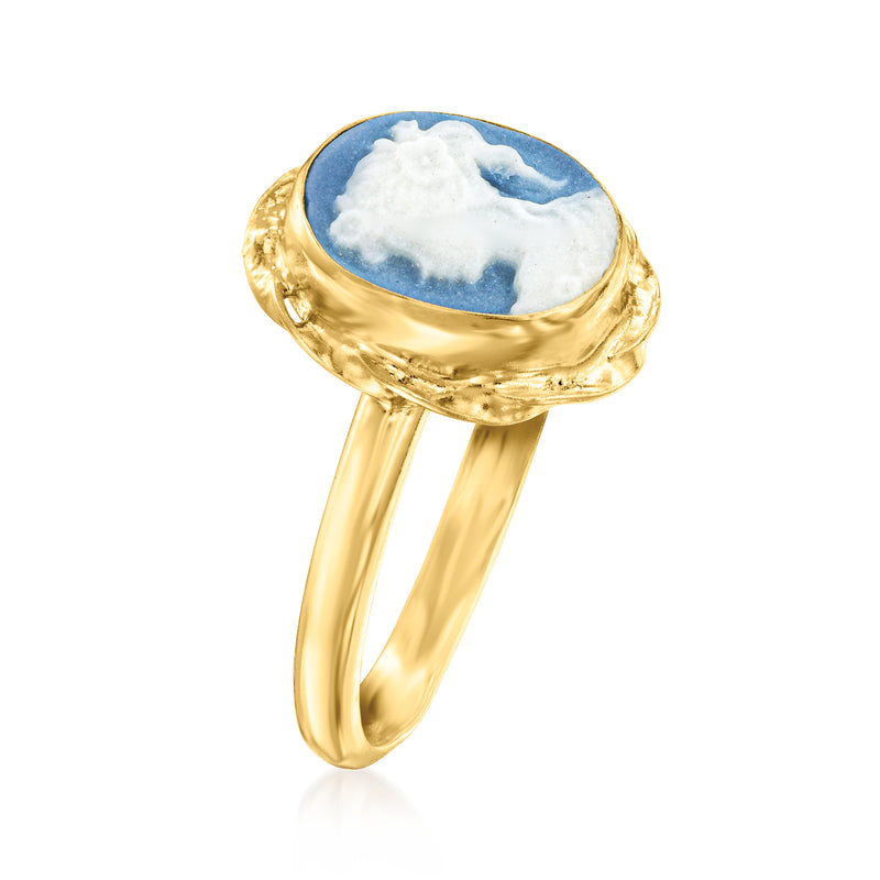 Blue oval porcelain cameo ring with gold bezel detail and slim band
