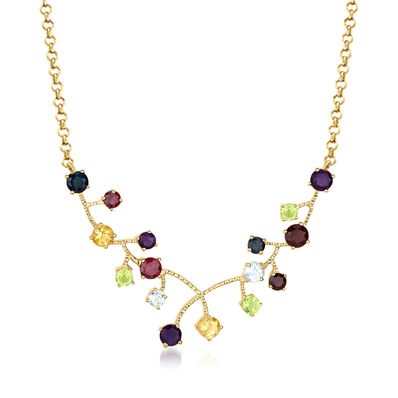18kt gold over sterling vine necklace with multicolor gemstone drops and openwork links
