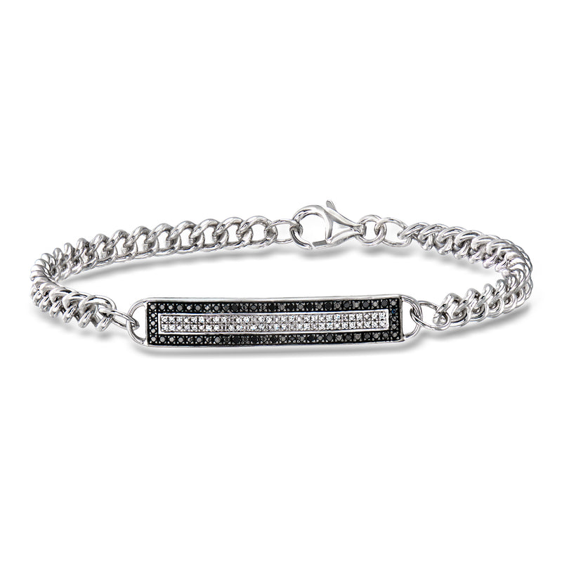 Sterling silver ID bracelet with rectangular black and white diamond inlay
