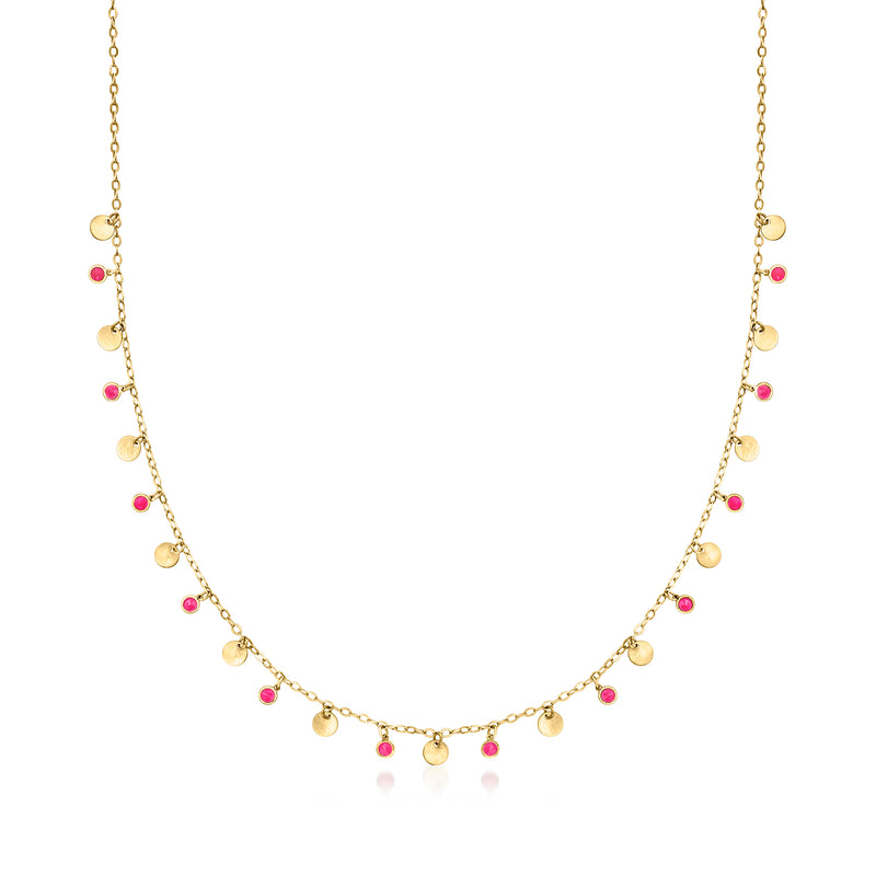 14kt yellow gold station necklace with pink enamel disc charms