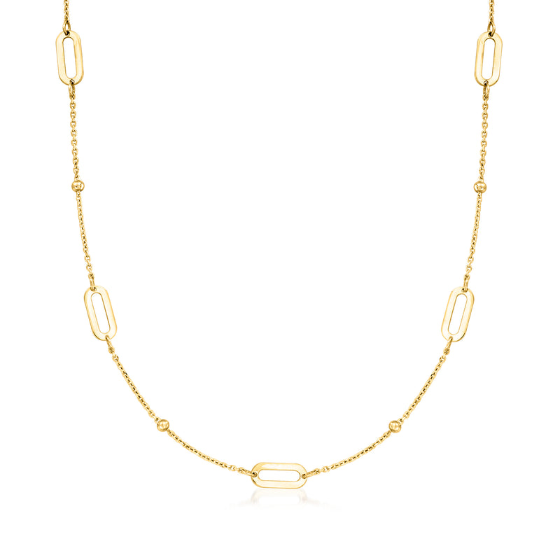 Yellow gold bead and paper clip link station necklace with oval links, chain view