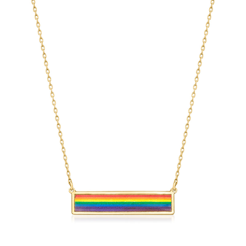 14kt yellow gold rainbow enamel bar necklace with multicolor striped pendant