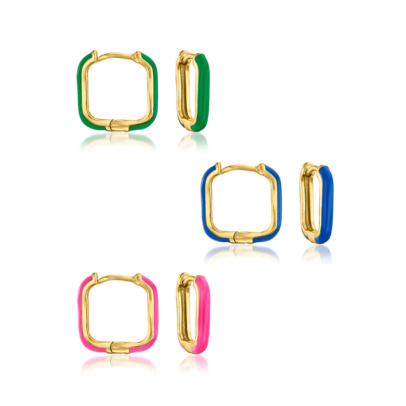 Square hoop enamel earrings set, gold-tone, with pink, blue, and green square hoops