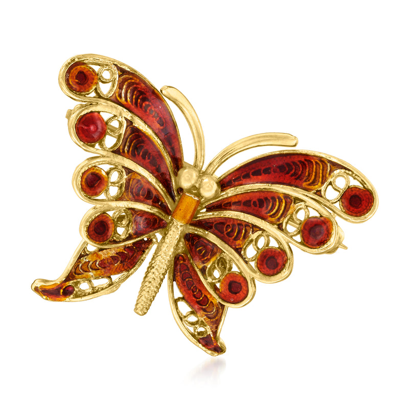 Vintage butterfly enamel pin, 14kt yellow gold tone with orange and red gem accents