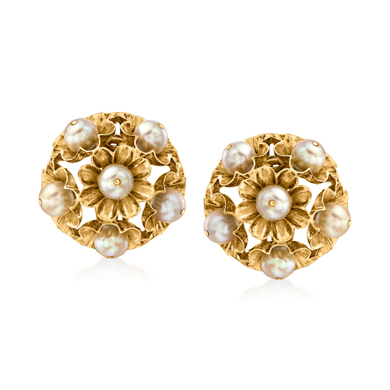 14kt yellow gold floral wreath clip-on earrings with white cultured pearls