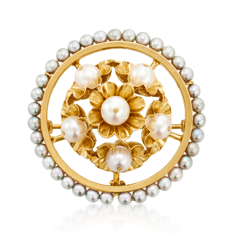 Vintage gold circular pin with pearl border and gold floral center with white pearls