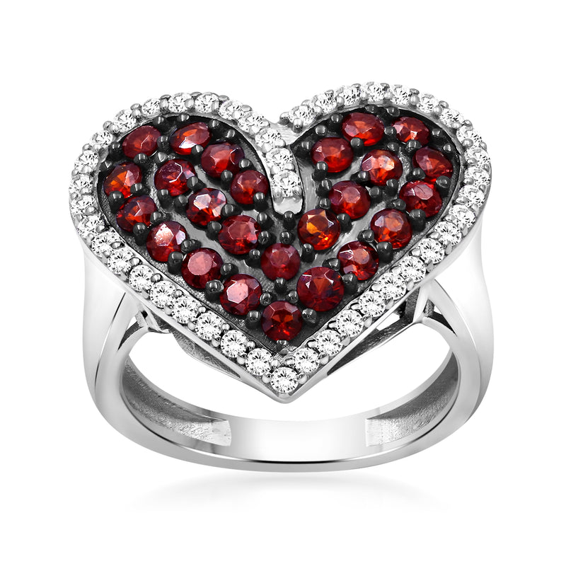 Sterling silver heart ring with garnet stones and white topaz border