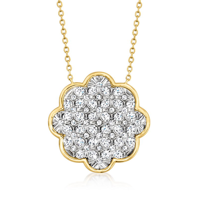 Two-tone 14kt gold diamond cluster flower necklace with round brilliant stones