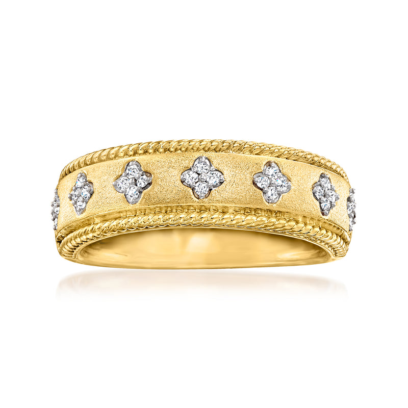 Gold clover diamond ring with five round stone clusters on a raised band
