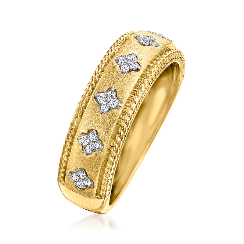 Gold clover diamond ring side view with five flower-like round stone settings